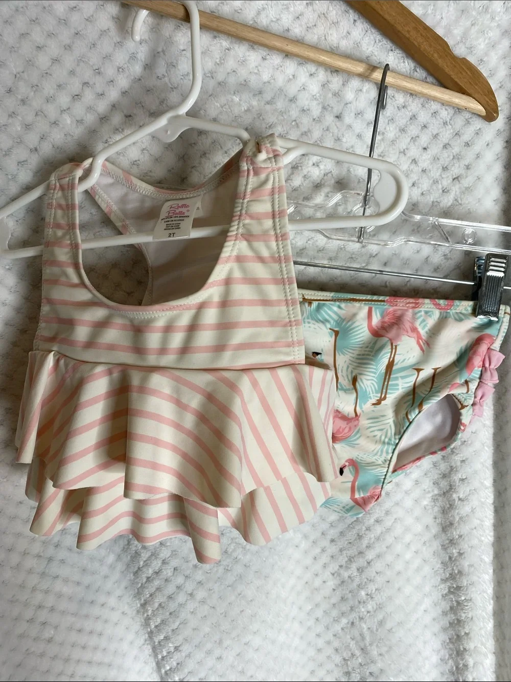 Ruffle Butts Pink and Cream Striped Flamingos Girls Swimsuit